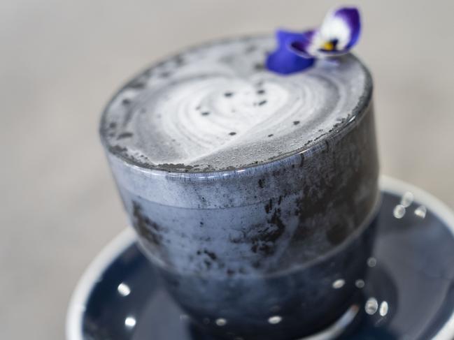 Khamsa Cafe’s Black Magic Elixir with activated coconut charcoal with coconut milk. Picture: Matthew Vasilescu