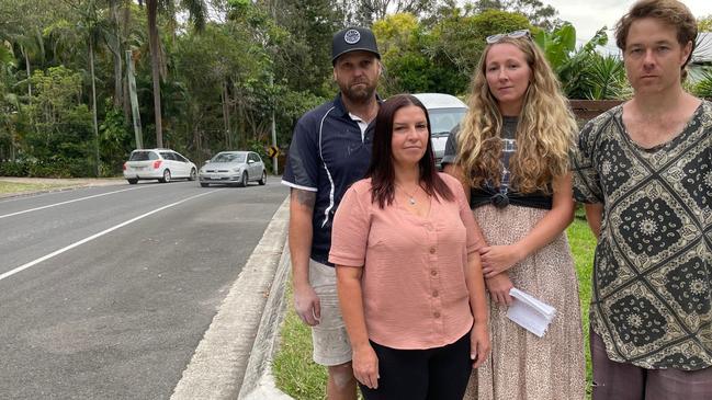 Neighbours Aaron Lello, Lauren Kertland, Raina O’Brien and Rich Schroder are all afraid of departing their driveways on Toolga St in Coolum Beach. Picture: Letea Cavander