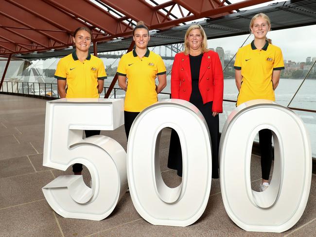 NSW Women’s Minister Bronnie Taylor celebrates 500 days to go until next year’s Women’s World Cup with Matildas players Bryleeh Henry, Chloe Logarzo and Hana Lowry. Picture: Brendon Thorne/Getty Images for Football Australia