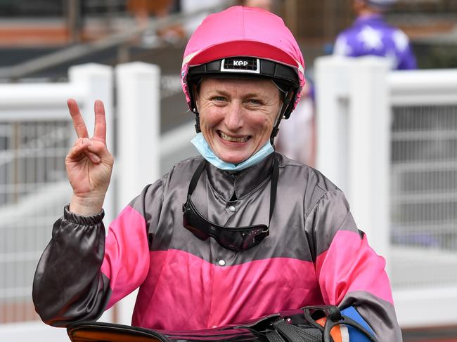 Linda Meech returns to the mounting yard after winning  the Catanach's Jewellers Ladies' Day Vase  at Caulfield Racecourse on October 13, 2021 in Caulfield, Australia. (Reg Ryan/Racing Photos via Getty Images)