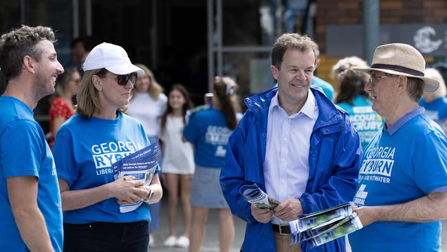 Opposition Leader Mark Speakman (second from right) with volunteers campaigning on polling day for the Pittwater by-election Picture: Brendan Read