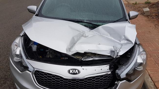 The damage caused to Heidi Wilkin’s car, when a large piece of concrete was dropped on to it from a Southern Expressway overpass in March. Picture: Heidi Wilkin