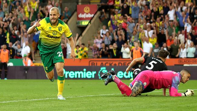 Norwich City striker Teemu Pukki celebrates after scoring his team’s third goal in their 3-2 win over Manchester City at Carrow Road. Picture: Getty Images