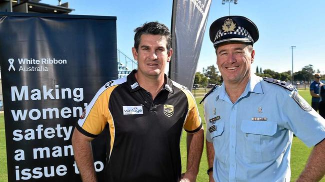 ZERO TOLERANCE: Sunshine Coast Falcons CEO and Former Origin Great Chris Flannery, left, with Sunshine Coast police Superintendent Darryl Johnson, says when it comes to domestic violence, players know there will be no leniency shown to them. Picture: Patrick Woods