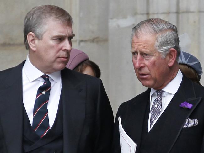 (FILES) In this file photo taken on June 05, 2012, Britain's Prince Andrew, Duke of York (L), Prince Charles, Prince of Wales (C), Camilla, Duchess of Cornwall (2R) and Prince William (R) leave St Paul's Cathedral after a national service of thanksgiving for the Queen’s Diamond Jubilee at in London. - Prince Andrew on November 20, 2019 said he was cancelling his public engagements, as the outcry from the British royal's friendship with convicted sex offender Jeffrey Epstein showed no sign of abating. (Photo by IAN KINGTON / AFP)