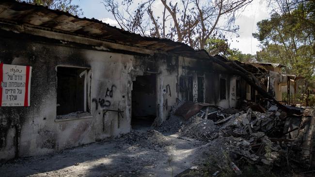 A building at kibbutz Nir Oz in Israel’s south. Picture: Liam Mendes/The Australian