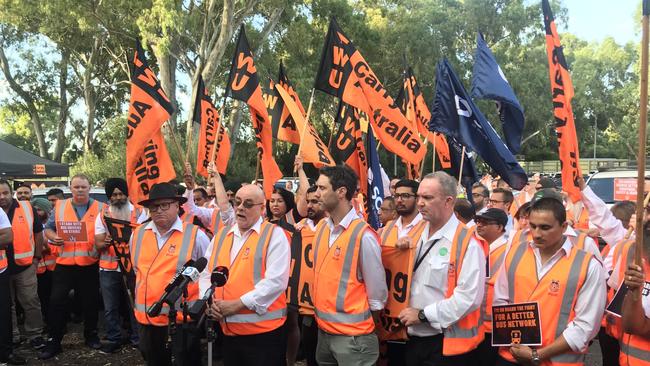 Bus drivers at the St Agnes bus depot in a strike demanding fair pay and better working conditions. Picture: Shashi Baltutis