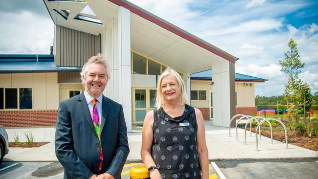 Clarence Valley Anglican School business manager Ian Morris and principal Karin Lisle in front of the school's new performing arts centre.