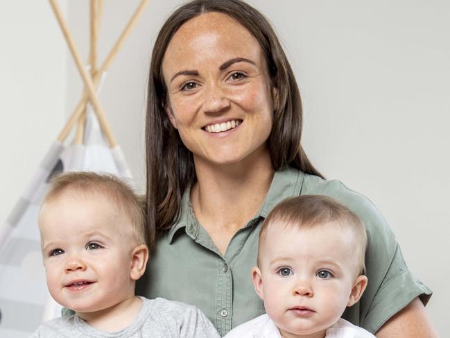 SHS ONLY, NOT TO BE PUBLISHED PRIOR TO JAN 26, 2020. Daisy Pearce and her children Roy and Sylvie., 11 months are the new ambassadors for Tooshies nappies. The family uses more than 350 nappies a month at the moment. (Jan 2020)  Picture: Tim Carrafa
