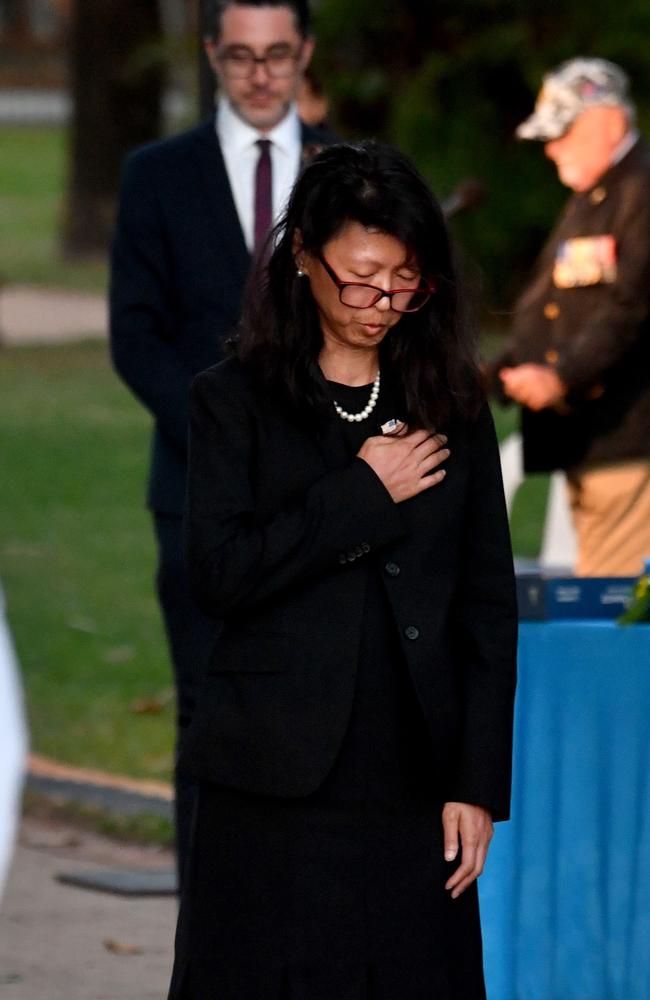 Dawn Service at Anzac Park for 83rd commemoration of Battle of Coral Sea. Consulate General Sydney head of public affairs Li Ping Lo. Picture: Evan Morgan.