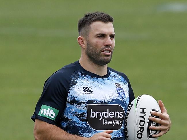 James Tedesco with his knee strapped doing some light running during the NSW Blues training session, held at the Wyong Rugby League Club at Kanwal on the NSW Central Coast. Picture: Jonathan Ng