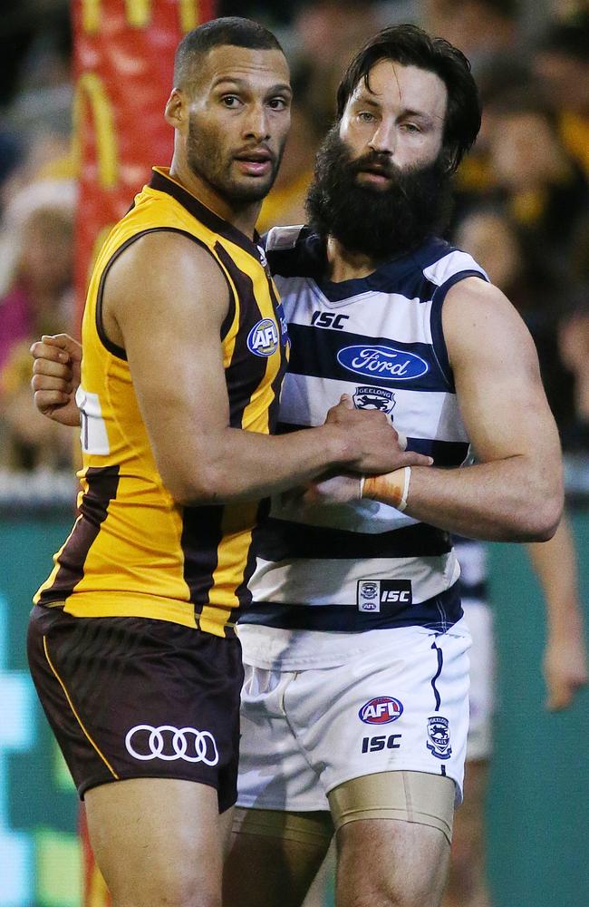 Jimmy did a number on dangerous Hawk defender Josh Gibson as the Cats got home by just two points to book their spot in the preliminary final. Picture: Colleen Petch.