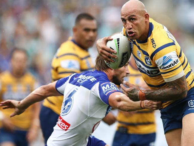 Blake Ferguson of the Eels runs the ball during the Round 2 NRL match between the Canterbury Bulldogs and the Parramatta Eels at ANZ Stadium, Sydney, Sunday, March 24, 2019. (AAP Image/Brendon Thorne) NO ARCHIVING, EDITORIAL USE ONLY