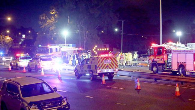 Emergency services at the scene of the Moorooka crash. Picture: AAP/Steve Pohlner