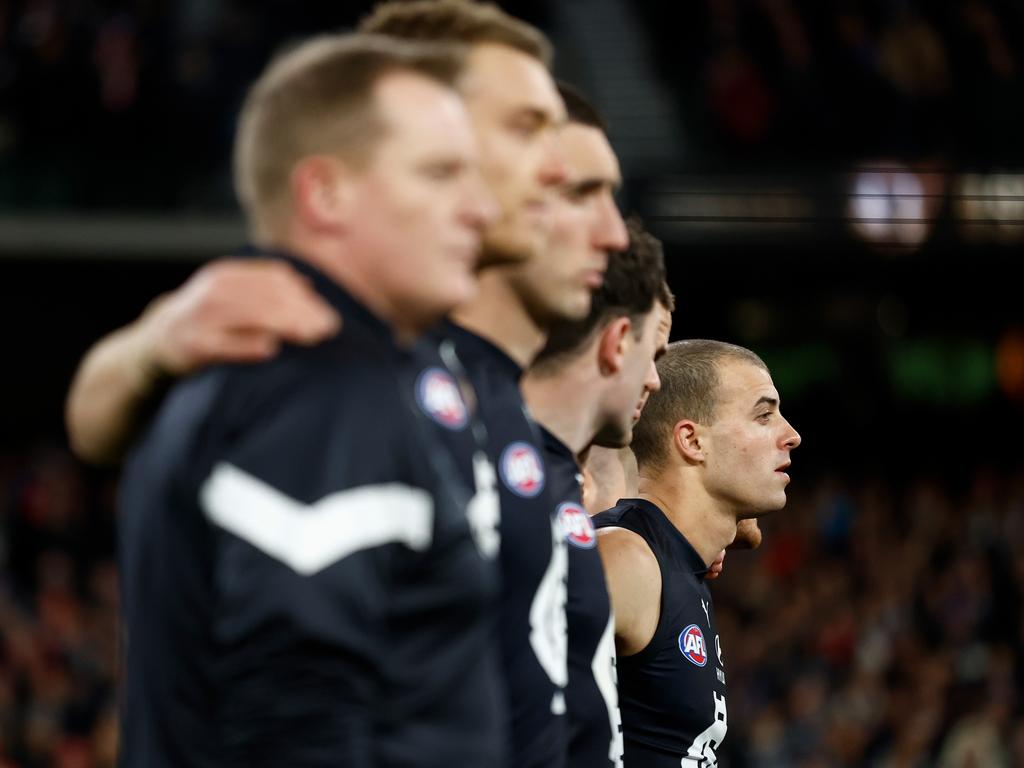 Melbourne, Australia. 02nd June, 2023. Alex Cincotta of Carlton tackles  Kysaiah Pickett of Melbourne during the AFL Round 12 match between the  Melbourne Demons and the Carlton Blues at the Melbourne Cricket