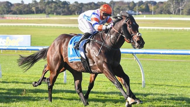 Jaylah Kennedy boots home Scissor Step at Sandown on Wednesday. Picture: Pat Scala / Racing Photos