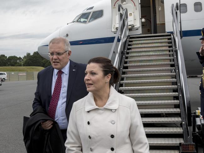 Prime Minister Scott Morrison lands at Farnborough airport in England with wife Jenny. Picture: Ella Pellegrini