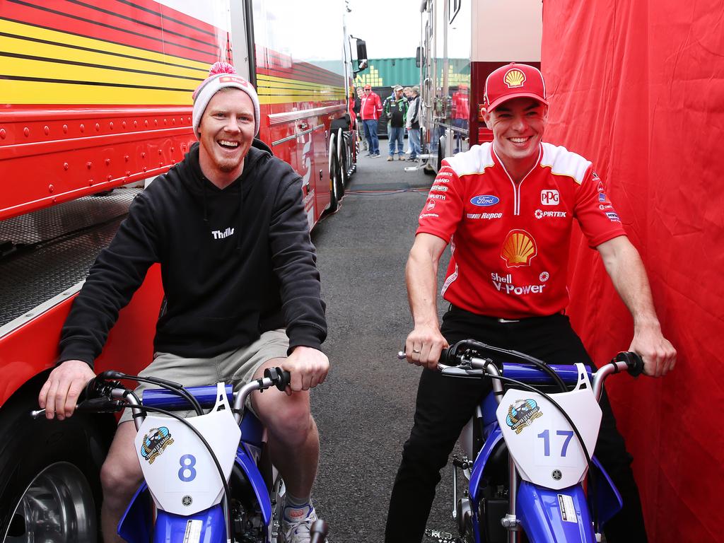 2019 Supercheap Auto Bathurst 1000, the pinnacle of the Virgin Australia Supercars Championship. Jack Riewoldt &amp; Scott McLaughlin meet up in Pitt Lane. Picture Rohan Kelly