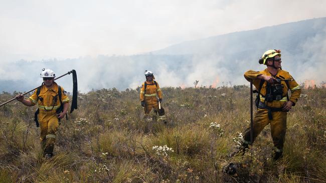 Tasmania Fire Service firefighters at the Gell River fire. Picture: WARREN FREY/TASMANIA FIRE SERVICE 