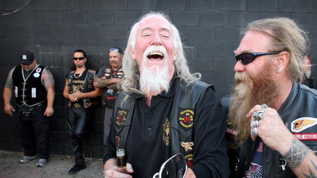 Descendants bikie gang leader Tom Mackie (front left) at a summit of the Hells Angels, Gypsy Jokers, Rebels and Finks bikie gangs at the Descendants’ Adelaide headquarters in 2009.