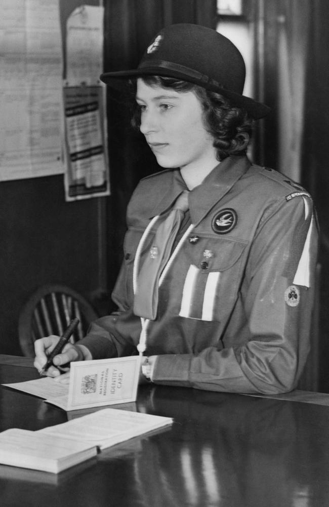 A 16-year-old Princess Elizabeth registers for war service under the Ministry of Labour’s Youth Registration Scheme, April 25, 1942. Picture: Central Press/Hulton Archive/Getty Images