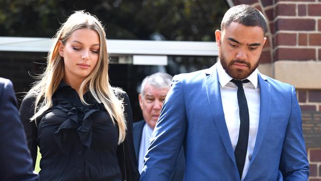 NRL Manly Sea Eagles player Dylan Walker and partner Alexandra Ivkovic leave Manly Local Court in Sydney, Tuesday, December 11, 2018. Walker has been charged with common assault and assault occasioning actual bodily harm. (AAP Image/Mick Tsikas) NO ARCHIVING