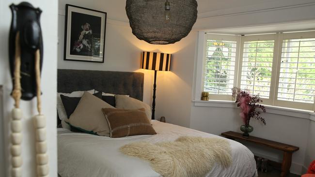 Main bedroom featuring LES Interiors light fixture. Alexandra Smart, one half of designer fashion label Ginger + Smart, at her home in Neutral Bay on Sydney's lower North Shore. Britta Campion / The Australian