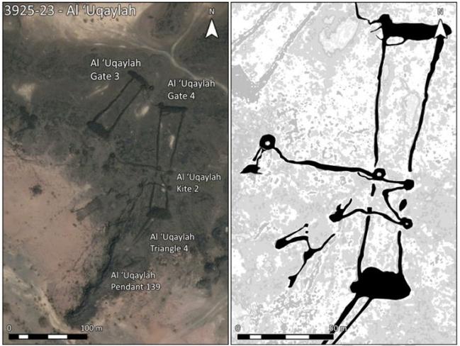 A satellite photo showing a collection of stone structures found in the Saudi desert, with an illustration detailing their relationship to each other alongside. Pictures: D. Kennedy, Arabian Archaeology and Epigrahy