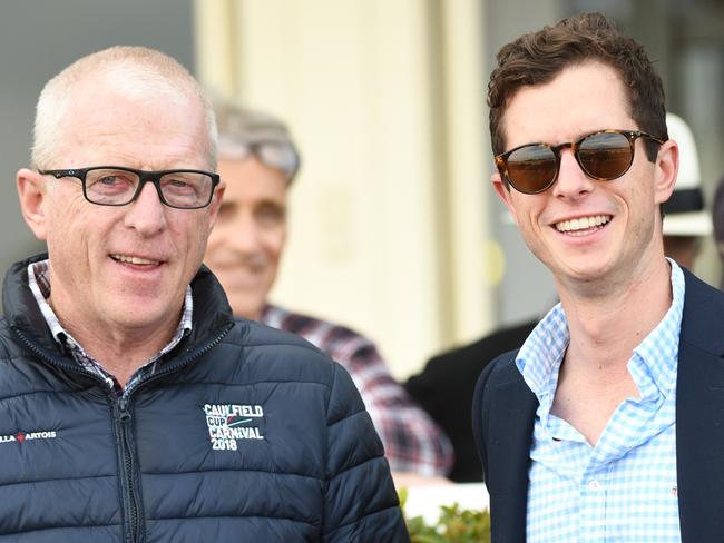 Trainers Mick Price and Michael Kent (jnr) pose after Shezawitness won race 4, Ladbrokes Odds Boost Handicap, during Midweek Twilight Races at Ladbrokes Park in Melbourne, Wednesday, December 11, 2019. (AAP Image/Vince Caligiuri)