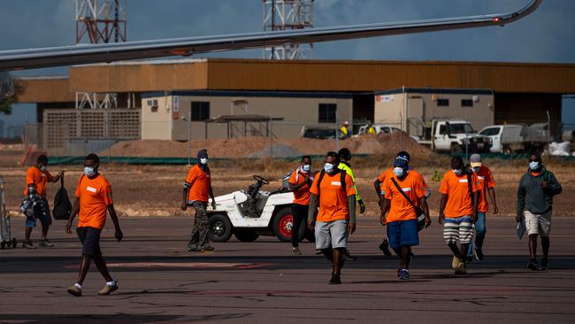 A second plane load of about 160 fruit pickers from Vanuatu will arrive in Darwin on Tuesday. Pictured are the first lot of workers arriving from Vanuatu last month. Picture: Che Chorley