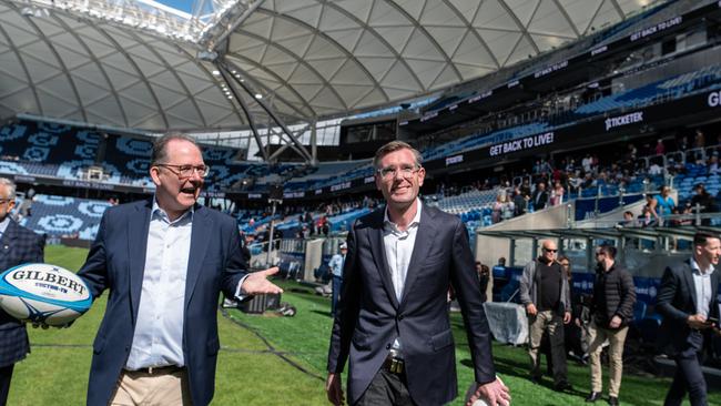 Sport Minister Alister Henskens and Premier Dominic Perrottet at the stadium on Sunday.