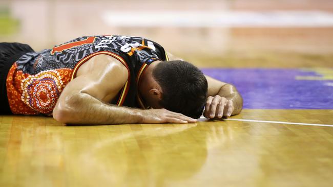 Hawks star Todd Blanchfield hits the deck hard. Picture: Getty