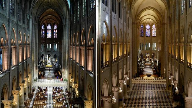 Then versus now: The Notre Dame’s nave before the fire (L) and now (R). Picture: AFP