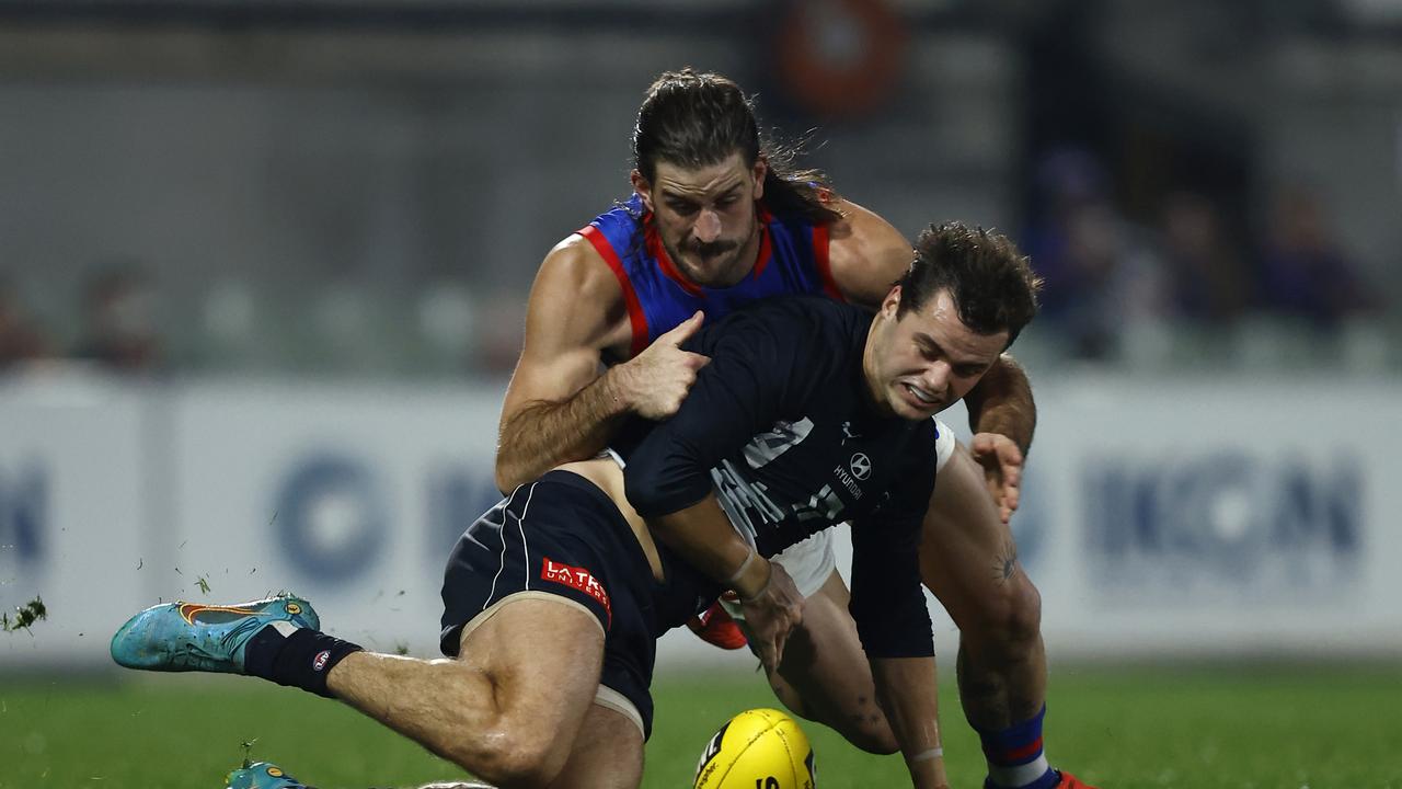 Brodie Kemp, pictured going head-to-head with Josh Bruce in the VFL, is the latest Blue tasked with filling a key defensive post. Picture: Getty Images