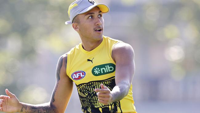 Richmond’s Shai Bolton works on his goalkicking at Punt Rd. Picture: Michael Klein