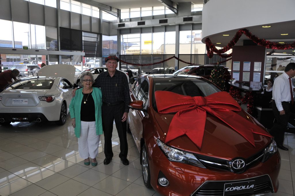 Angela and Graham Docherty were all smiles when handed the keys to their new Toyota Corolla at Toowoomba Toyota. The Cotswold Hills couple were the winners of the Grand Central Christmas Competition. Picture: Nick Houghton