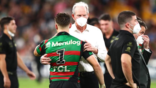 Wayne Bennett embraces Blake Taaffe after defeat in the 2021 NRL Grand Final . (Photo by Chris Hyde/Getty Images)