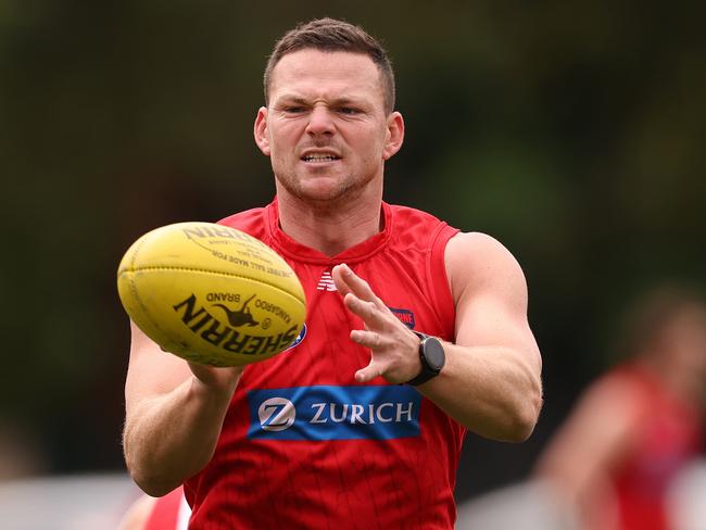 MELBOURNE, AUSTRALIA - APRIL 10: Steven May of the Demons takes the ball during a Melbourne Demons AFL training session at Gosch's Paddock on April 10, 2024 in Melbourne, Australia. (Photo by Robert Cianflone/Getty Images)