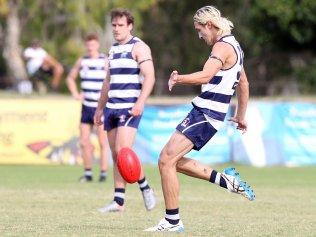 Round 6 QAFL game between Broadbeach and Surfers Paradise at Subaru Oval.Riley Winter kicks a goal.2 May 2021 Mermaid Waters Picture by Richard Gosling