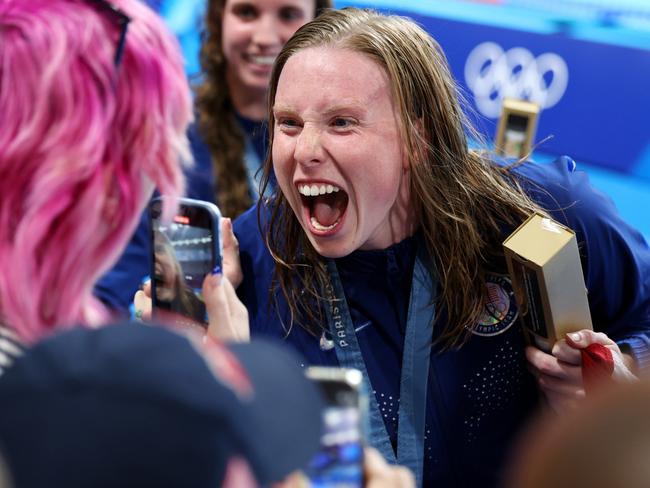 NANTERRE, FRANCE - AUGUST 04: Gold Medalist Lilly King of Team United States celebrates following the Swimming medal ceremony after the WomenÃ¢â¬â¢s 4x100m Medley Relay Final on day nine of the Olympic Games Paris 2024 at Paris La Defense Arena on August 04, 2024 in Nanterre, France. (Photo by Quinn Rooney/Getty Images) *** BESTPIX ***