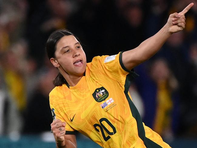 Sam Kerr celebrates after scoring her incredible goal against England in the World Cup semi-final. Picture: Franck Fife/AFP