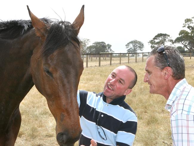 Might and Power at Woodlands Park on the edge of Melbourne in 2006 with Cassidy and Greg Hall. Hall, riding Doriemus in the Cup in 1997, raised his arms believing he had won, only to be beaten by Might and Power.