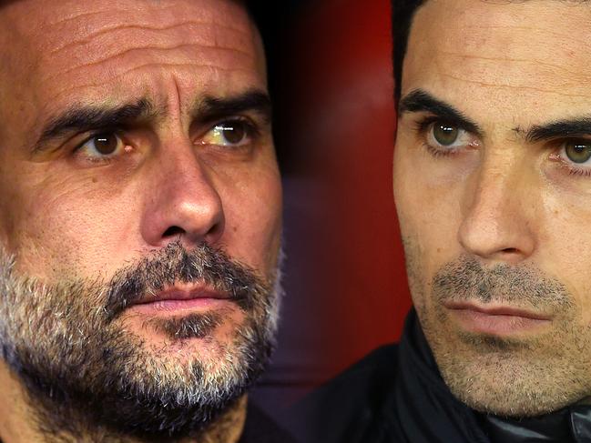 FILE PHOTO (EDITORS NOTE: COMPOSITE OF IMAGES - Image numbers 1208871408, 1207576912 - GRADIENT ADDED) In this composite image a comparison has been made between Pep Guardiola, Manager of Manchester City (L) and Mikel Arteta, Manager of Arsenal. Manchester City and Arsenal meet in a Premier League fixture on June 17,2020 at the Etihad Stadium in Manchester,England. ***LEFT IMAGE*** MADRID, SPAIN - FEBRUARY 26: Pep Guardiola, Manager of Manchester City looks on prior to the UEFA Champions League round of 16 first leg match between Real Madrid and Manchester City at Bernabeu on February 26, 2020 in Madrid, Spain. (Photo by David Ramos/Getty Images) ***RIGHT IMAGE*** PIRAEUS, GREECE - FEBRUARY 20: Mikel Arteta, Manager of Arsenal looks on prior to the UEFA Europa League round of 32 first leg match between Olympiacos FC and Arsenal FC at Karaiskakis Stadium on February 20, 2020 in Piraeus, Greece. (Photo by Richard Heathcote/Getty Images)