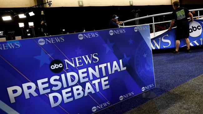 Final preparations are made in the spin room prior to the ABC News debate.