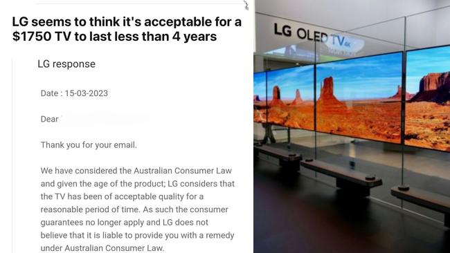 An LG customer received a shock after finding out the company would not replace a faulty six-month old TV. Picture: Reddit / Debocore