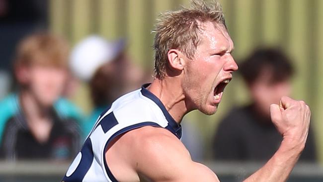 Yarrawonga’s Leigh Williams celebrates a goal during the grand final in the Ovens and Murray. Picture Yuri Kouzmin