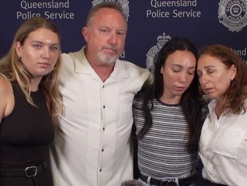 The family of Cameron Duce delivering a statement at the Gold Coast District police headquarters in Surfers Paradise. Picture: QPS.