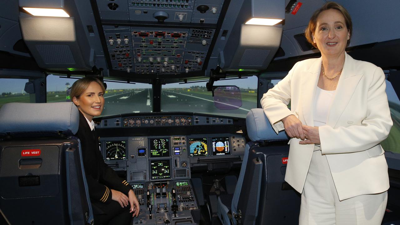 Qantas first officer Lauren MacLean and CEO Vanessa Hudson in an A320 flight simulator in Sydney. Picture: NewsWire/John Appleyard