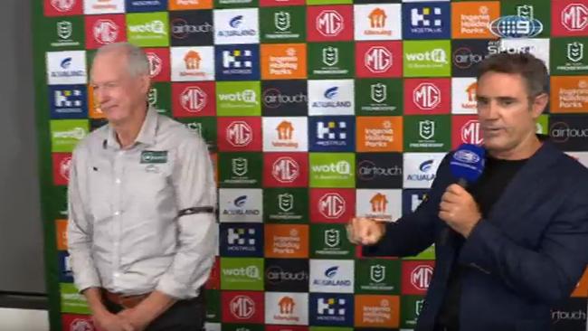 Wayne Bennett's grin said it all. Photo: Channel 9.