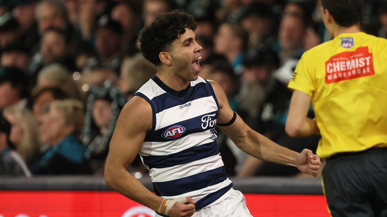 Tyson Stengle celebrates a goal. Picture: James Elsby/AFL Photos via Getty Images